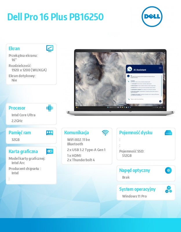 Laptop Dell Pro 16 Plus PB16250 W11P Ultra 7 268V/32GB/512GBSSD CL35/16.0 FHD+/Arc/FgrPr&SmtCd/FHD/IRCam/Mic/5G WWAN Tray+BT/BcklKb/3C/vPro/3YPS Alumi