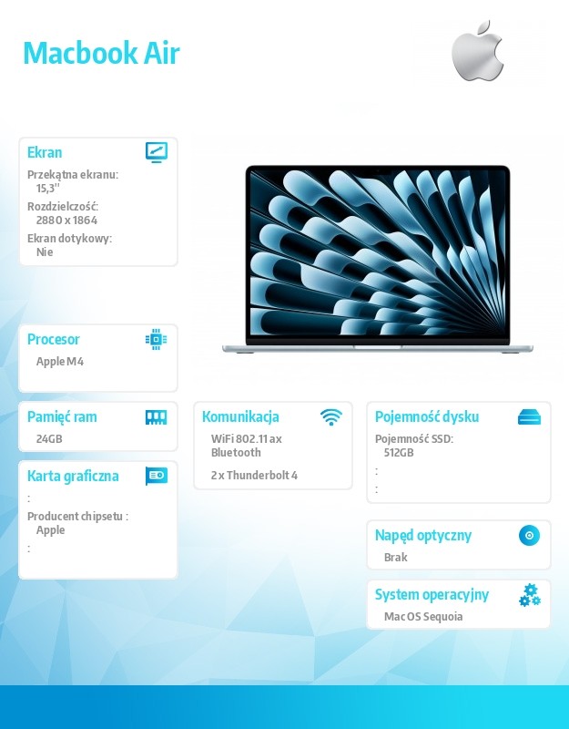 MacBook Air 15.3 cala: M4 10/10, 24GB, 512GB - Błękitny