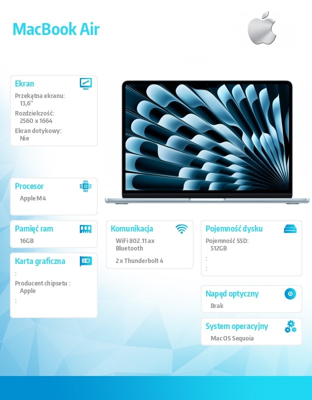MacBook Air 13.6 cala: M4 10/10, 16GB, 512GB SSD, 35W, US - Błękitny