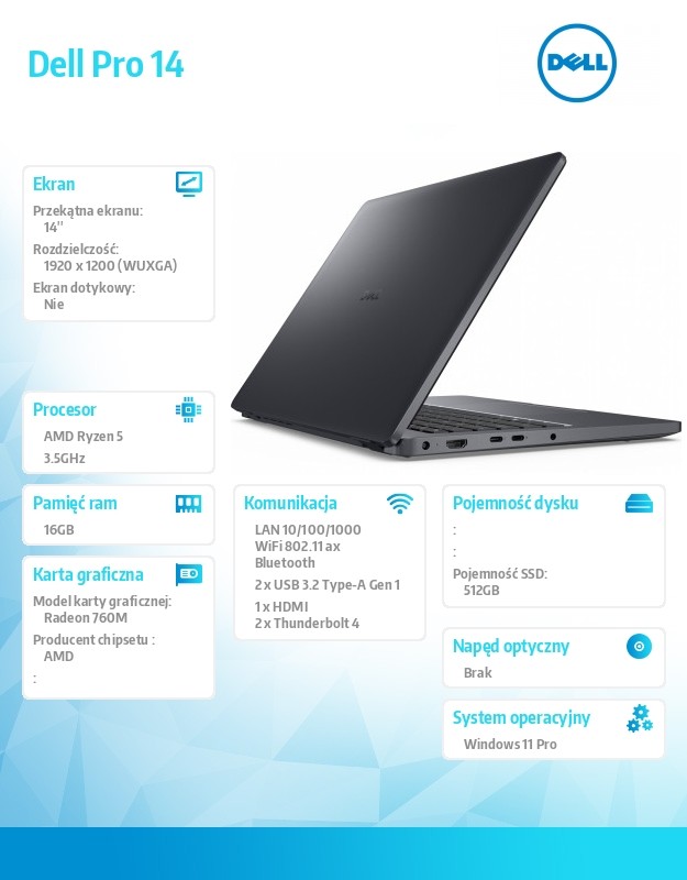 Laptop Dell Pro 14 PC14255/AMD Ryzen 5 PRO 230/16GB/512GB SSD CL25/14.0 FHD+/Radeon 760M/FgrPr/FHD/IR Cam/Mic/WLAN+BT/Backlit Kb/3 Cell/W11Pro