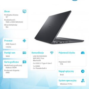 Laptop Dell Pro 16 PC16255/AMD Ryzen 5 PRO 230/16GB/1TB SSD CL25/16.0 FHD+/Radeon 760M/FgrPr/FHD/IR Cam/Mic/WLAN+BT/Backlit Kb/3Cell/W11P