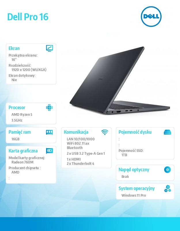 Laptop Dell Pro 16 PC16255/AMD Ryzen 5 PRO 230/16GB/1TB SSD CL25/16.0 FHD+/Radeon 760M/FgrPr/FHD/IR Cam/Mic/WLAN+BT/Backlit Kb/3Cell/W11P