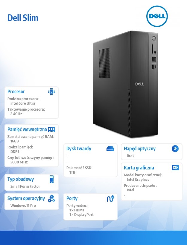 Komputer Dell Slim ECS1250 Win11Pro Ultra 7 265/16GB/1TB/Intel UHD/WLAN + BT/Kb/Mouse/3YPS