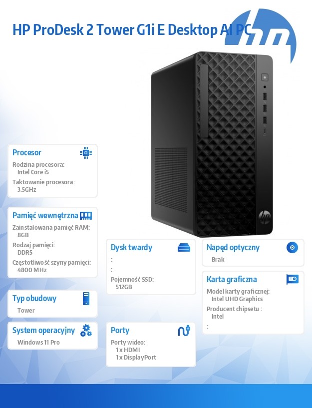 Komputer ProDesk 2 Tower G1i E i5-14400 512GB/8GB/W11P       B6ZD0ET
