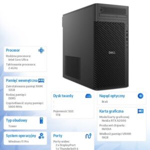 Komputer Dell Pro Max Tower T2 FCT2250 Win11Pro U7 265/32GB/1TB/Nvidia RTX 2000/No Wifi/Wireless Kb & Mouse/500W/vPro/3Y ProSupport
