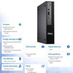 Komputer Dell Pro Micro QCM1255 W11Pro Ryzen 3 8300GE/8GB/512GB SSD CL25/Integrated/WLAN + BT/Kb/Mouse/3YPS