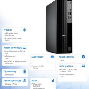 Komputer Dell Pro Slim QCS1255 W11Pro Ryzen 3 8300G/8GB/512GB SSD CL25/Integrated/WLAN + BT/Kb/Mouse/3YPS