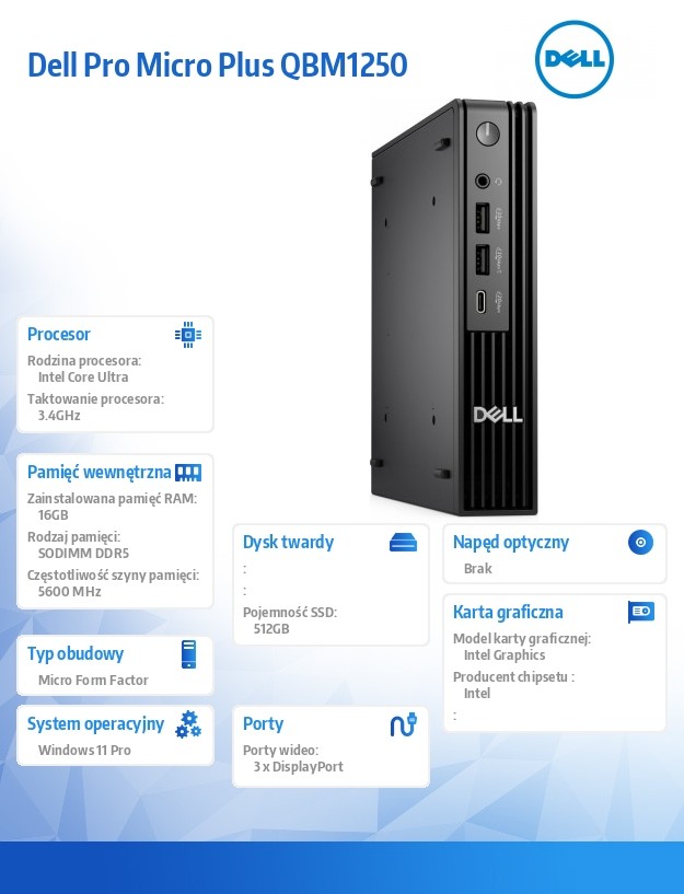 Komputer Dell Pro Micro Plus QBM1250 W11Pro U5 235/16GB/512GB CL35/Integrated/WLAN + BT/Wireless Kb & Mouse/3YPS