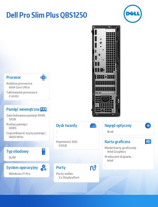 Komputer Dell Pro Slim Plus QBS1250 W11Pro U7 265/32GB/512GB CL35/Integrated/WLAN + BT/Wireless Kb & Mouse/260W/3YPS