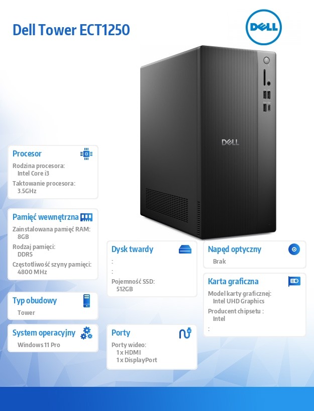 Komputer Dell Tower ECT1250 Win11Pro i3-14100/8GB/512GB SSD/UHD 730/WLAN + BT/Kb & Mouse/3YPS