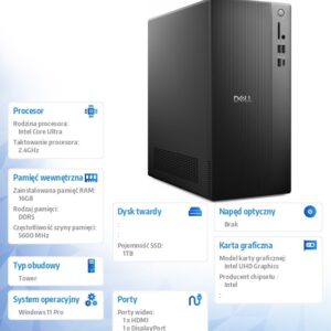 Komputer Dell Tower ECT1250 Win11Pro U7 265/16GB/1TB SSD/UHD/WLAN + BT/Kb & Mouse/3YPS