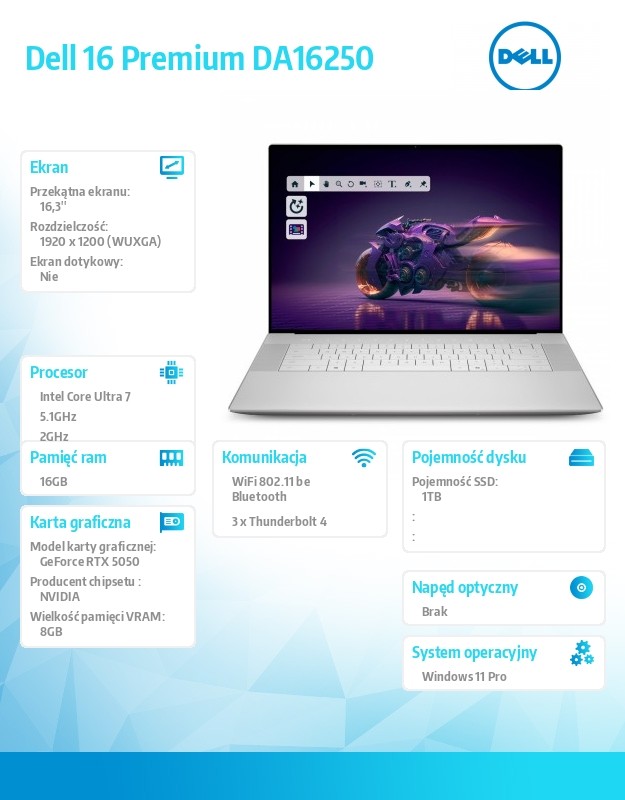 Laptop Dell 16 Premium DA16250 Win11Pro U7-255H|16GB|1TB SSD|NVIDIA GeForce RTX 5050, 8GB GDDR7| WLAN + BT|16.3 FHD|Backlit Kb|6 Cell