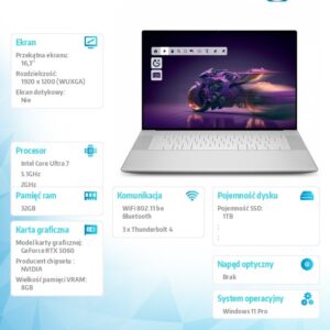 Laptop Dell 16 Premium DA16250 Win11Pro U7-255H|32GB|1TB SSD|NVIDIA GeForce RTX 5060, 8GB GDDR7|WLAN + BT|16.3 FHD|Backlit Kb|6 Cell