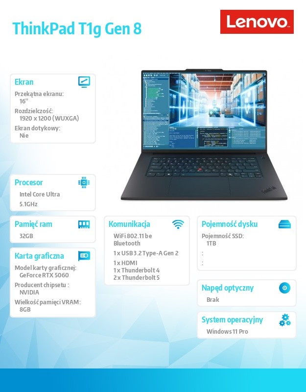 Ultrabook ThinkPad T1G G8 21TD0002PB  W11Pro Ultra 7 255H/32GB/1TB/RTX 5060 8GB/16.0 WUXGA/Black/3YR Premier NBD + 3YRS Ci + CO Offset