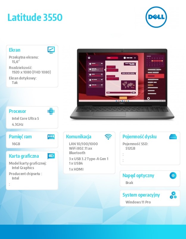 Laptop Latitude 3550 Win11Pro U5 125U/16GB/512GB/15.6 FHD Touch/Integrated/noFgrPr/FHD/IRCam/Mic/WLAN + BT/Backlit Kb/3 Cell/5YPS