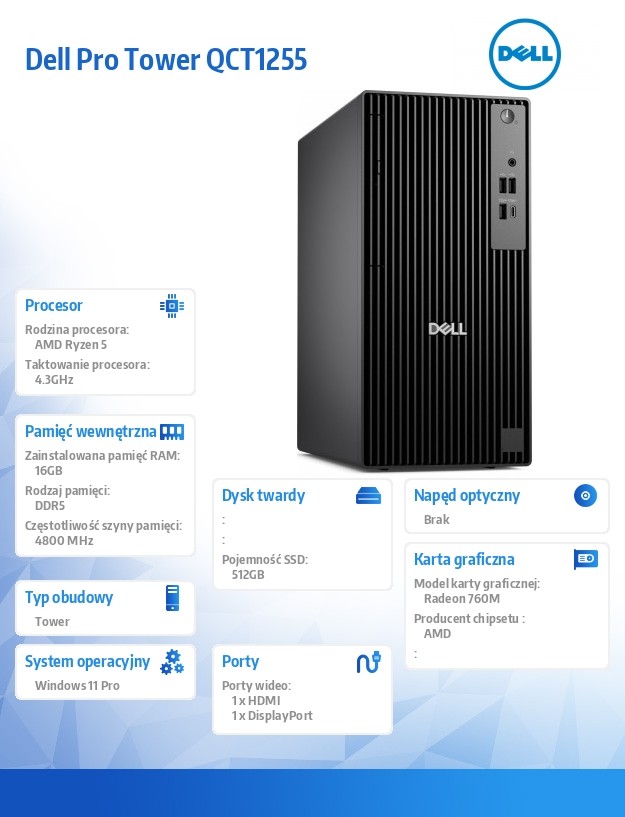 Komputer Dell Pro Tower QCT1255 W11Pro Ryzen 5 Pro 8600G/1x16GB/512GB CL35/Integrated/Kb/TPM/3YPS