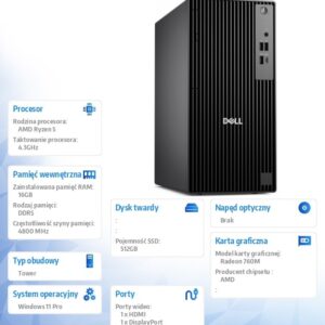 Komputer Dell Pro Tower QCT1255 W11Pro Ryzen 5 8600G/1x16GB/512GB CL25/Integrated/Kb/TPM/3YPS
